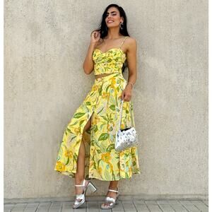 Zara Floral Co Ord Set Corset Top Midi Skirt Linen Blend Vacation Outfit NWT